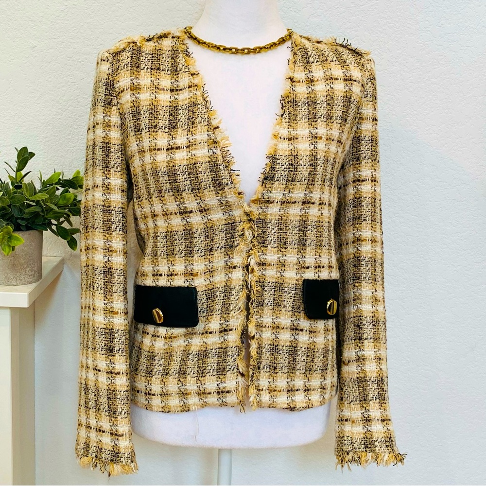 Zara Women's TWEED BLAZER Frayed trim US Small  Multi colors